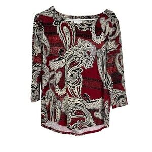 Chicos Scroll Art Print 3/4 Sleeve Top blouse  1 M 6 8